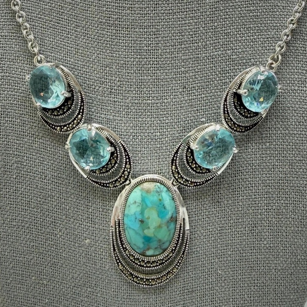 LE VIEUX‎ Silver Tone Necklace 17" Blue Turquoise Swarovski Crystal Marcasite